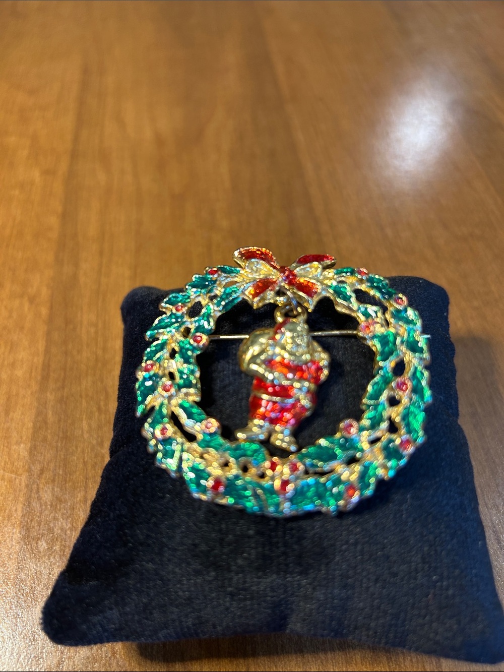 Festive Green and Red Wreath Brooch with Santa Charm